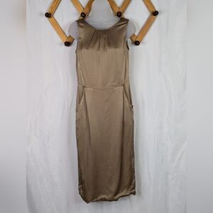 St. John Couture Satin Sleeveless Taupe Sheath Dress